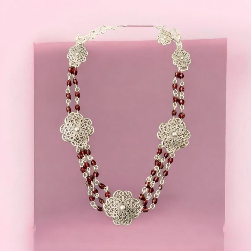 Brighton Silver and Red Floral Medallion Necklace, NWOT. Dust bag included - Picture 10 of 10